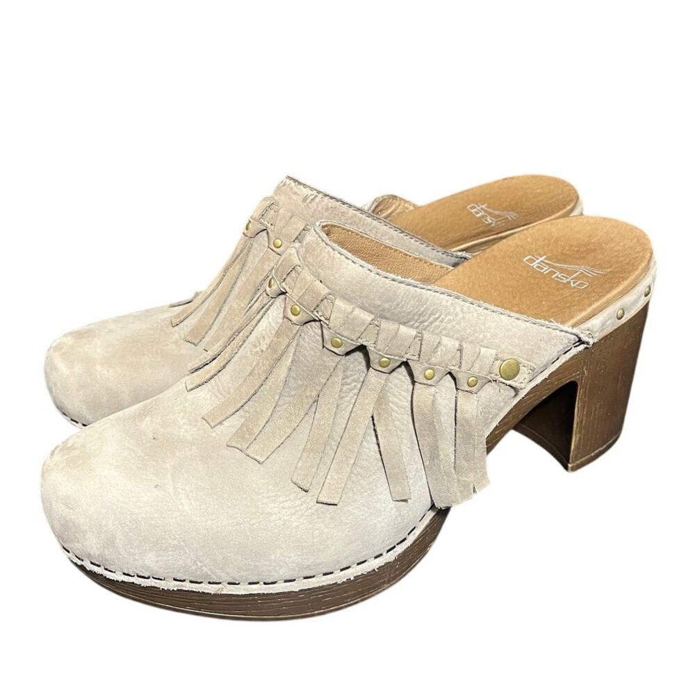 Dansko Deni Leather Fringe Clog Grey Taupe Tassle Mule Shoes Womens Size 41